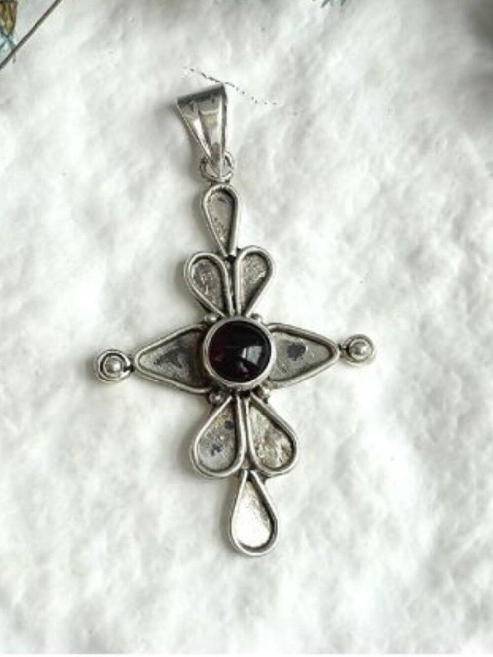 Cross Shaped Amber Cabochon Gemstone Sterling Silver 925 Vintage Pendant | Charm